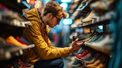 Man Trying On Shoes in a Shoe Store - obrazy, fototapety, plakaty