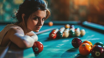 A Woman Leaning Over a Pool Table - obrazy, fototapety, plakaty