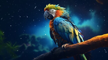 A digital parrot in a simulated nighttime setting, perched against a starry sky with a glowing crescent moon.