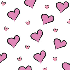 Hand drawn pink hearts pattern on white background