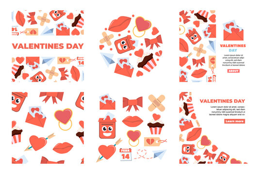 valentines day elements background. hearts lips love sweets letters envelope ring gift boxes, cartoon romantic love 14 February party celebration. vector cartoon minimalistic flat vertical background.