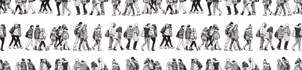 Seamless vector background of sketches group teenage schoolchildren with backpacks walking in crowd together on excursion