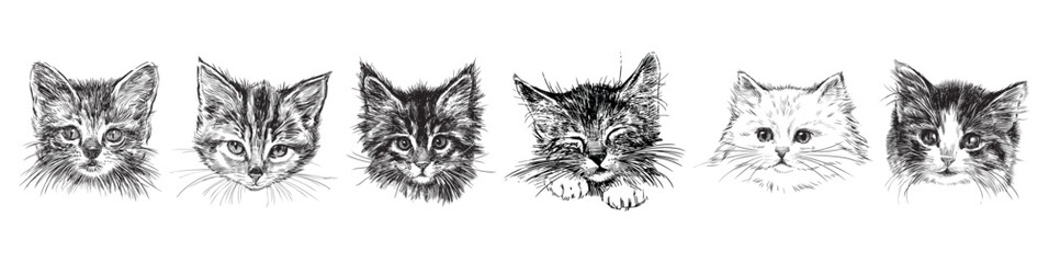 Set of sketches different portraits cute fluffy kittens, animal heads vector drawings isolated on white - 697631851