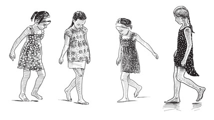 Sketches of four little cute girls in summer dresses walking barefoot on beach by sea, hand drawn vector illustration - 697631856