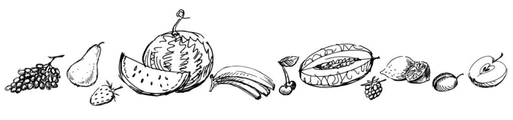 Set of sketches different ripe fruits grape bunch, pear, strawberry, watermelon, banana, cherry, melon, raspberry, lemon, plum, apple, contour hand drawings isolated on white - obrazy, fototapety, plakaty