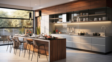 Kitchen interior design, modern minimalist style, gray shades, island.
