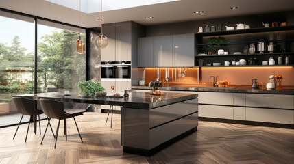 Kitchen interior design, modern minimalist style, grey shades, island.