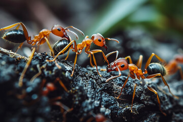 close up photo of ants walking through branches
