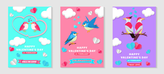 Vector illustrations with pink, white, blue hearts, clouds, and a bird's couple elements for a Valentine's Day banner or greeting card set of three concepts.