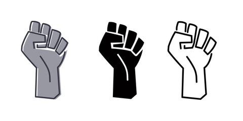 Black raised fist protest symbol icons. Hands clenched power symbol. Black lives important protest. Vector illustration - obrazy, fototapety, plakaty