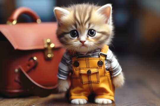 A Small Cat, Dressed In Overalls, Like A Person, Is Getting Ready To Go To School, To Work.