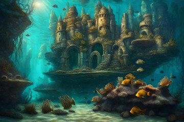 Underwater scenes with fishes and carol, lost underwater city