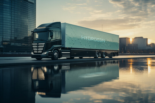 Futuristic hydrogen fuel cell truck at night