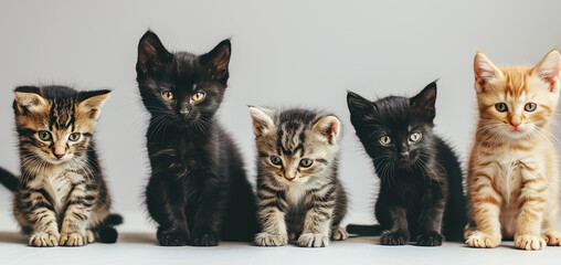 Different colored  cat kittens, sitting beside each other on row. A group of different kitten