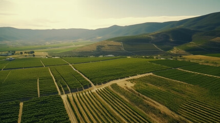 Fototapeta premium Vineyard plantation. Growing grapes in Italy, France, Spain. Sunny day, grape bushes, mountains and clean air. Sunny Splendor