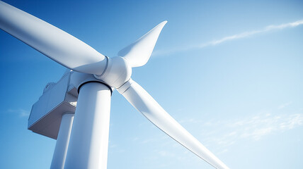 Close up of wind turbine providing renewable green energy.