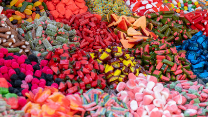 Gummy colorful candies for sale at city market
