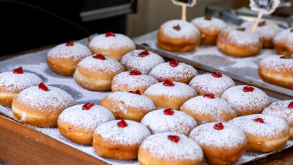 Fresh tasty donuts for Hanukkah celebration sold at the city far