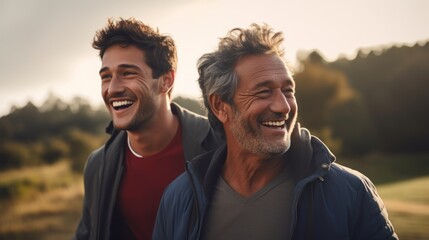 Happy mature father with son talking in the relax time outdoor during sky sunset, spending happy moment and enjoy family on weekend. - obrazy, fototapety, plakaty