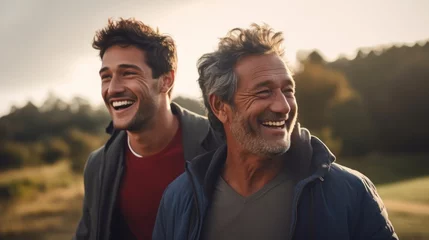Fotobehang Happy mature father with son talking in the relax time outdoor during sky sunset, spending happy moment and enjoy family on weekend. © sawitreelyaon