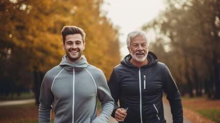 Happy mature father with son talking running outdoor on a bright day. healthcare after retirement concept. - obrazy, fototapety, plakaty