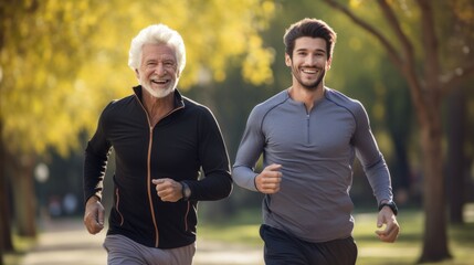 Fototapeta premium Happy mature father with son talking running outdoor on a bright day. healthcare after retirement concept.