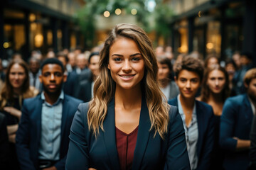 Obraz premium A confident businesswoman stands out among her diverse team of professionals in a corporate environment.