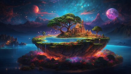 Celestial Tapestry: Mesmerizing Animated Masterpiece of a Floating Island in Luminescent Hues