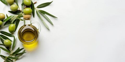  Frame background of fresh green olives with leaf and olive oil with copy space for text 