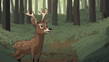 A deer with large antlers stands in a forest