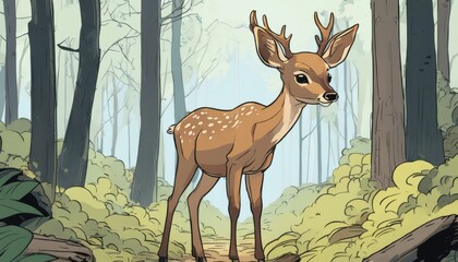 A deer with antlers and a brown coat stands in a forest
