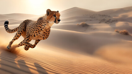 Cheetah runs on the sand dunes at speed. during daytime