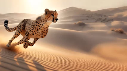Zelfklevend Fotobehang Cheetah runs on the sand dunes at speed. during daytime © Yuttana