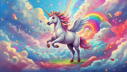 Obraz na płótnie Canvas Unicorn in the clouds with rainbow background. Generative Ai