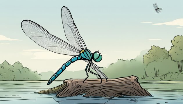 A dragonfly is sitting on a tree branch