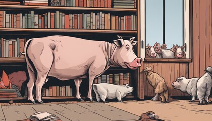 A cartoon of a pig and a dog in a library