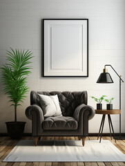 Empty frame mockup on white brick wall in living room interior in Scandinavian style