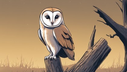 A cartoon owl perched on a tree branch