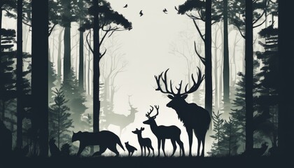 A cartoon image of deer and a bear in a forest