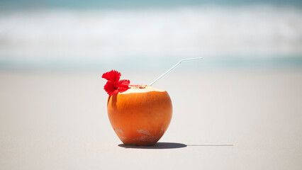Tropical fresh coconut cocktail on white beach. Holiday and vacation concept. Tropical beach.