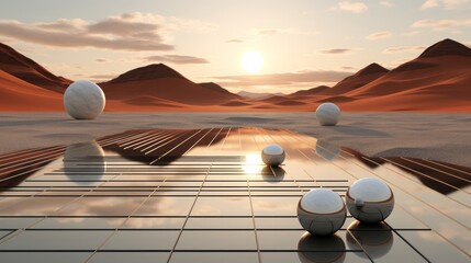 A breathtaking scene of serenity as a collection of spheres rests upon the earth's surface, illuminated by the warm hues of a sunset amidst a tranquil sky with wispy clouds and majestic mountains