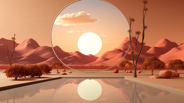 As the sun sets over the desert, a lone tree stands tall amidst a landscape dotted with vibrant plants, its branches reaching towards the sky while a large circle pool reflects the beauty