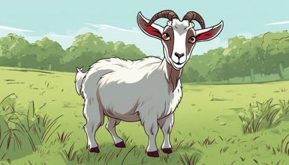 Fototapeta premium A goat with horns standing in a field