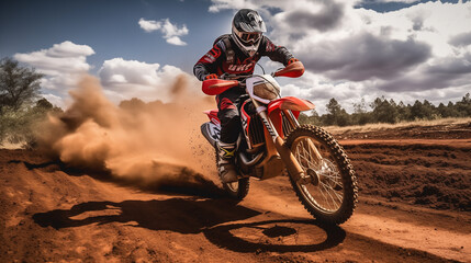 Sports banner background photo of an active motocross bike rider riding and taking a jump with his motor bike on an outdoor track with dust   - obrazy, fototapety, plakaty