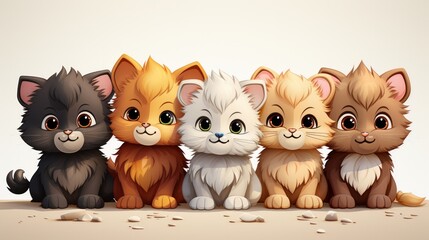 Fototapeta premium Adorable kittens of various colors sit in a row, showcasing their fluffy fur and big, curious eyes as they gaze at the camera