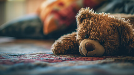 Teddy bear resting on a carpet. - obrazy, fototapety, plakaty
