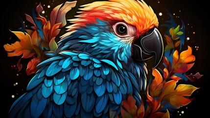 Obraz premium A whimsical macaw flaunts its vibrant plumage, showcasing a harmonious blend of orange and blue hues, captivating all with its lively charm and artistic design