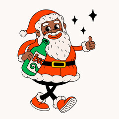 Drunk black Santa Claus. Groovy vintage funny Santa character drinking alcohol.