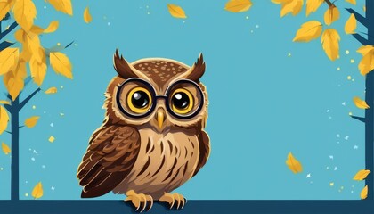 A cartoon owl wearing glasses and sitting on a branch