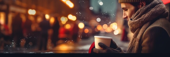 Man holding a cup of mulled wine with blurred background of winter wonderland, a Christmas Market in European small city.